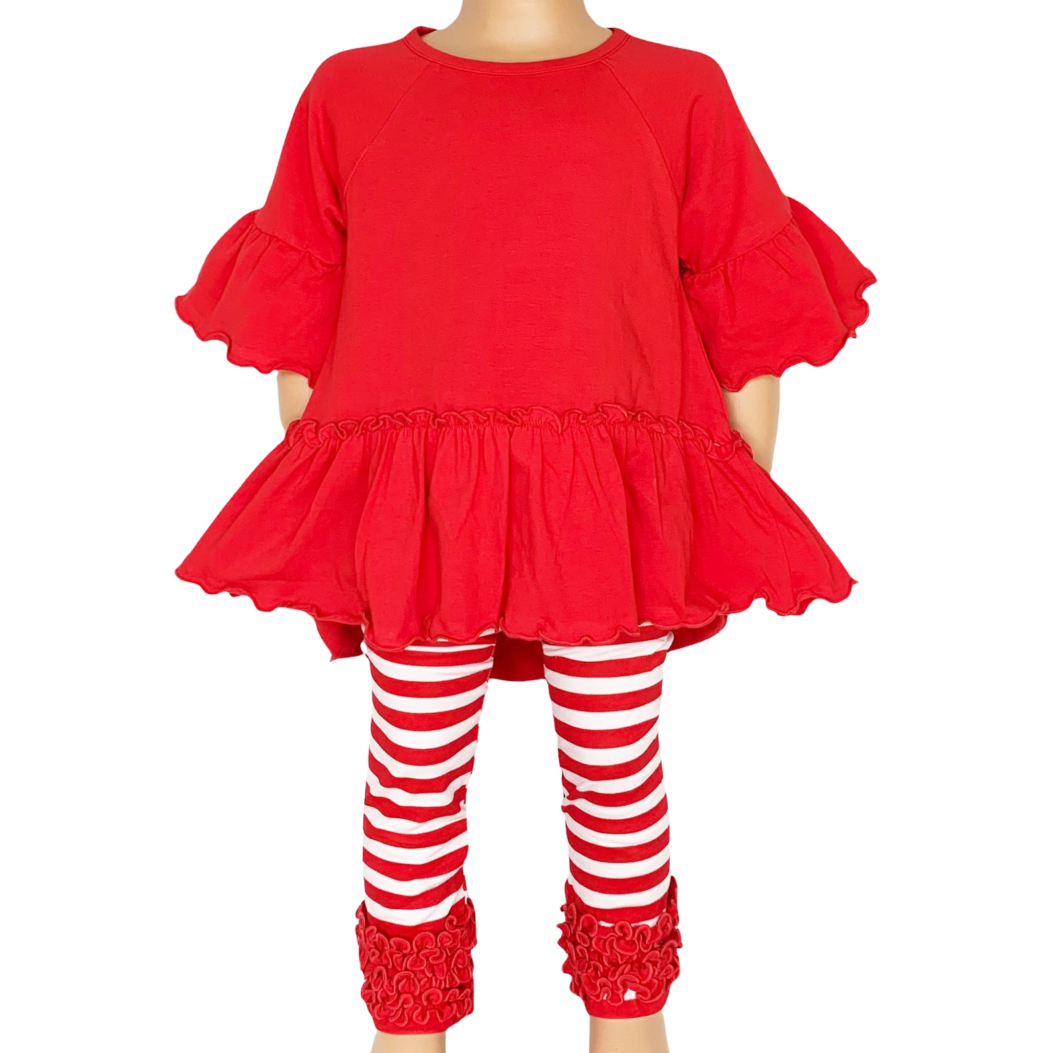 AnnLoren Little & Big Girls 3/4 Angel Sleeve Red Cotton Knit Ruffle top with bell sleeves and flowy silhouette.